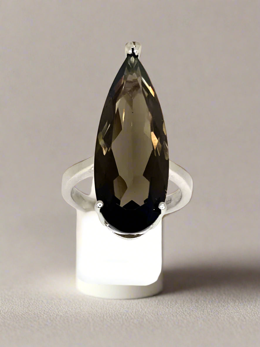 Large Tear Drop, Faceted Natural Smokey Quartz Ring