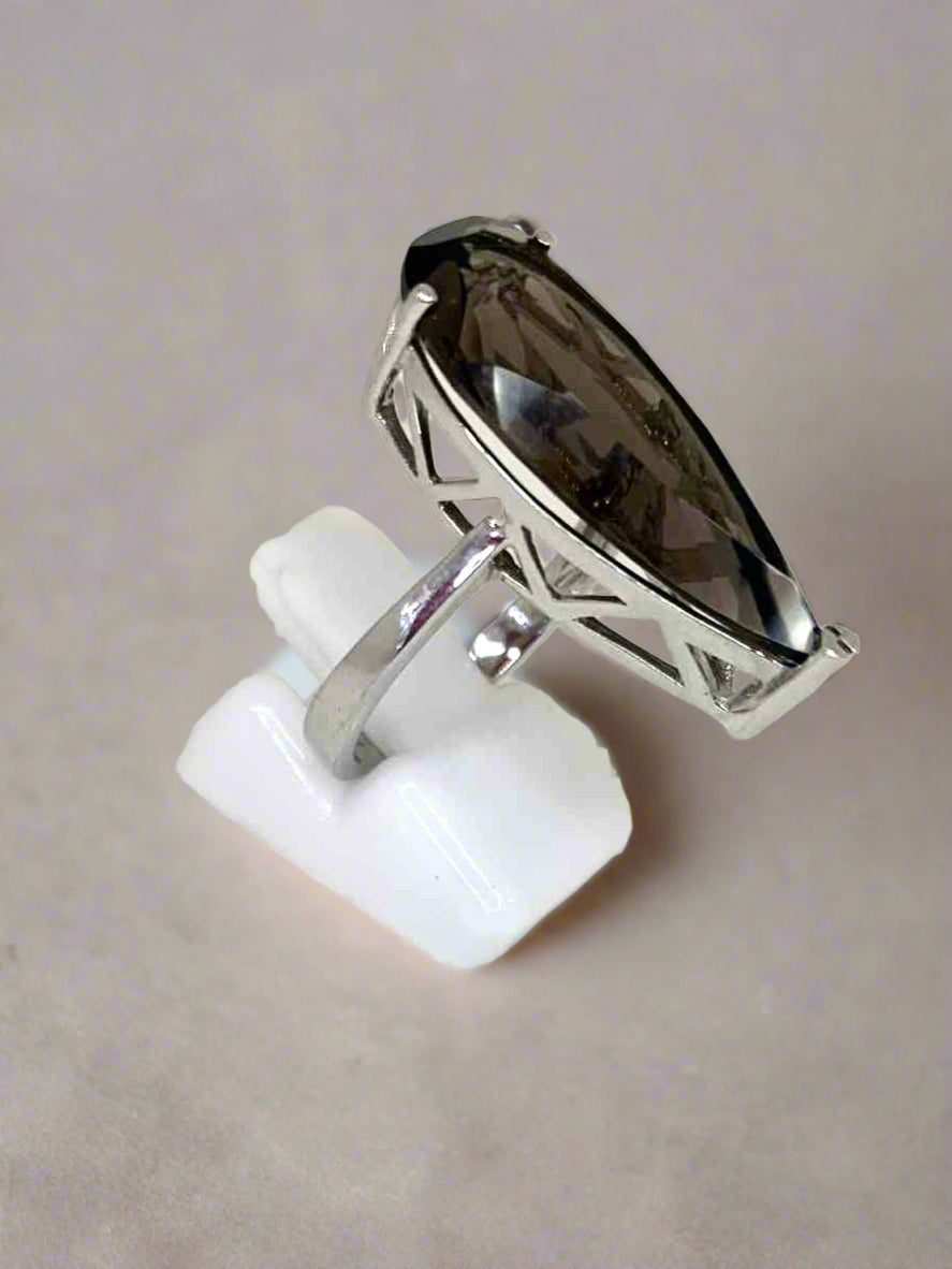 Large Tear Drop, Faceted Natural Smokey Quartz Ring